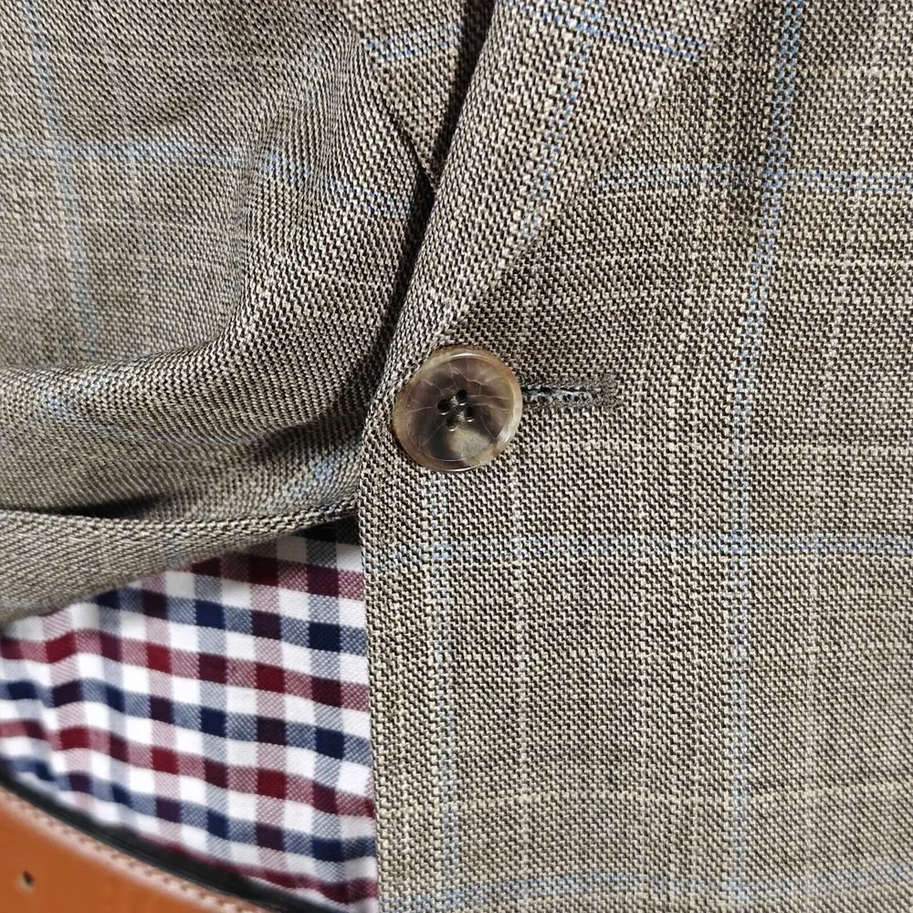 Apollo King Men's Sport Coat Blazer Single Button Brown Plaid 150s Wool Peak 42R